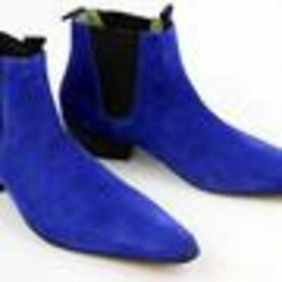 Handmade men blue color pointed toe suede ankle boot with cuban heel, men boots - Thumbnail 3