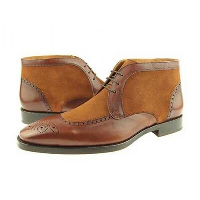 Men brown chukka brogue toe wing tip suede leather high ankle boot - Thumbnail 1