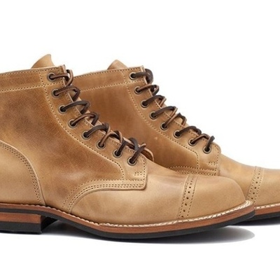 Handmade men’s ankle high leather boot men’s beige cap toe brogue lace up boot - Thumbnail 3