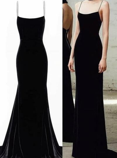Spaghetti Straps Black Long Prom Dresses