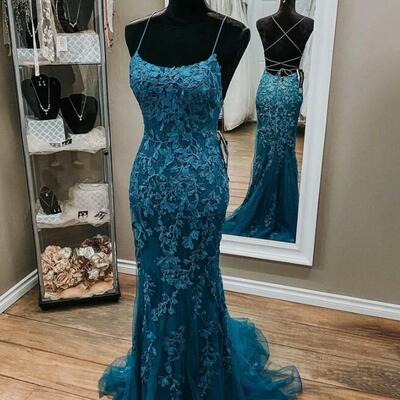 Charming mermaid backless dark teal lace prom dresses - Thumbnail 3