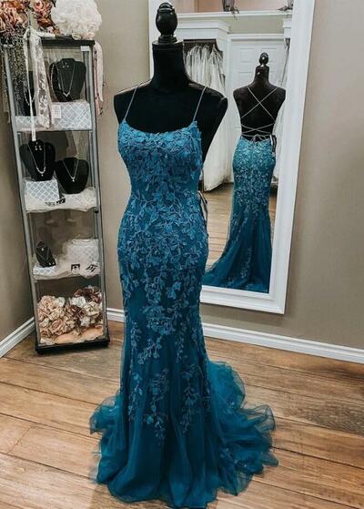 Charming Mermaid Backless Dark Teal Lace Prom Dresses