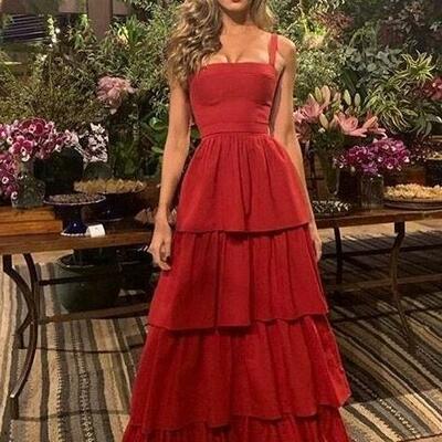 A line straps red long prom gowns - Thumbnail 4