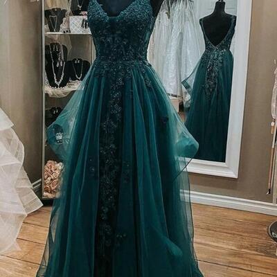 Dark green lace beaded long open back prom dresses