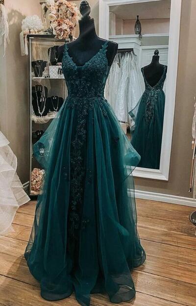 Dark Green Lace Beaded Long Open Back Prom Dresses