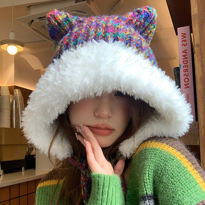 Cute cat ear knitted wool cap warm ear protection hat