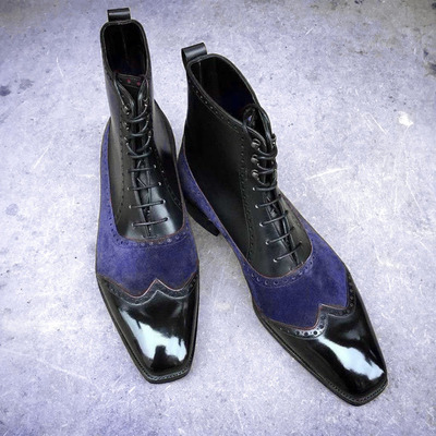 Handmade black blue leather suede boot, men's wing tip lace up boot - Thumbnail 2