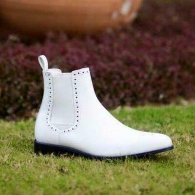 Handmade Men White leather Chelsea boots, Men white brogue Chelsea boots