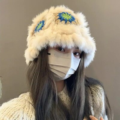 Cute floral crochet furry hat