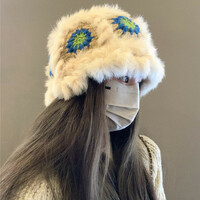 Cute Floral Crochet Furry Hat - Thumbnail 2