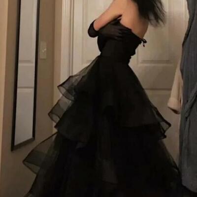 Sweetheart a line black rufflue long evening dresses - Thumbnail 3