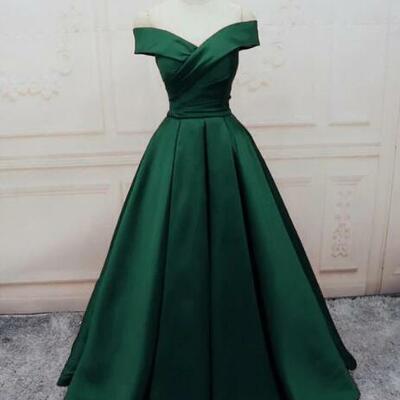 Emerald green long satin v-neck evening dresses 