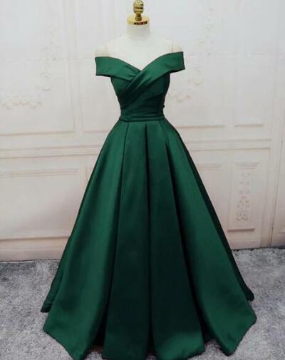 Emerald Green Long Satin V-neck Evening Dresses 