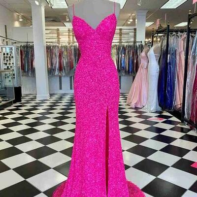 Beautiful hot pink straps long prom dress with slit - Thumbnail 3