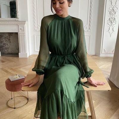 Simple dark green long sleeves evening dresses - Thumbnail 4