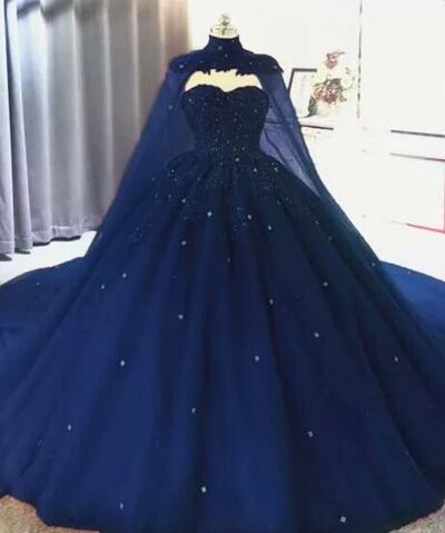 Elegant Lace embroidery navy blue tulle beaded prom quinceanera dresses 