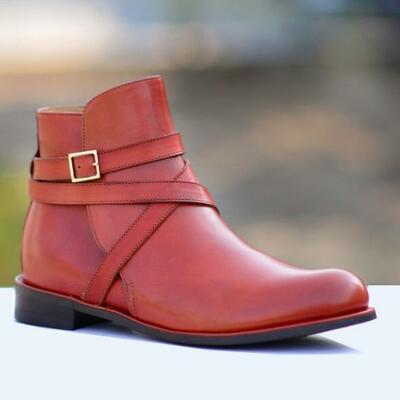 Handmade men's burgundy color jodhpurs buckle boot, mens leather ankle high boot - Thumbnail 1