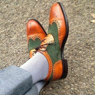 Men classic leather green tan handmade oxford wing tip brogues toe shoes - Thumbnail 3