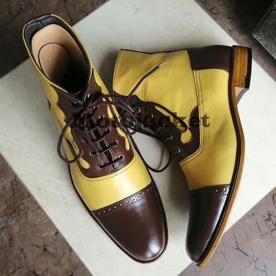 Mens handmade genuine maroon beige leather oxford cap toe dress boots new - Thumbnail 3