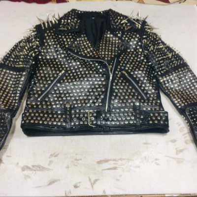 Crafted leather new handmade women's punk style golden long spiked leather brando jacket, adorable handmade studded leather jacket - Thumbnail 4