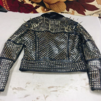 Crafted Leather New Handmade Women's Punk Style Golden Long Spiked Leather Brando Jacket, Adorable Handmade Studded Leather Jacket - Thumbnail 1