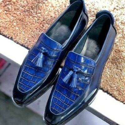 Men's navy blue leather twotone crocodile contrast handmade dress shoes loafer shoes