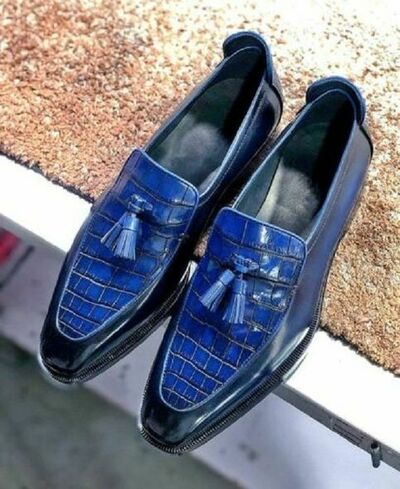 Men's Navy Blue Leather Twotone Crocodile Contrast Handmade Dress Shoes Loafer Shoes