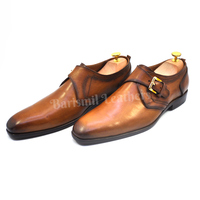 Handmade leather monk strap shoes brown original leather men dress shoes custom made on orders - Thumbnail 3