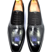 New handmade oxfords black leather wingtip and semi brogue lace up men dress shoes custom made on order - Thumbnail 4