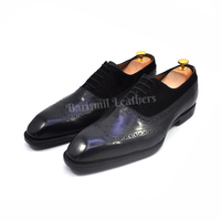 New handmade oxfords black leather wingtip and semi brogue lace up men dress shoes custom made on order - Thumbnail 1