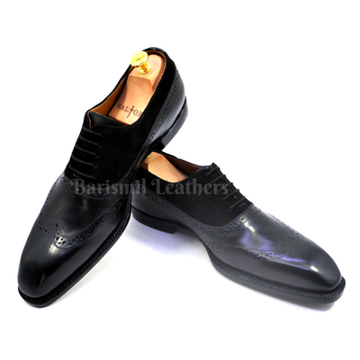 New handmade oxfords black leather wingtip and semi brogue lace up men dress shoes custom made on order