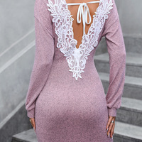 Solid Color Long Sleeved V-Neck Sexy Backless Dress - Thumbnail 2