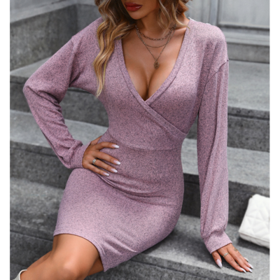 Solid color long sleeved v-neck sexy backless dress - Thumbnail 1