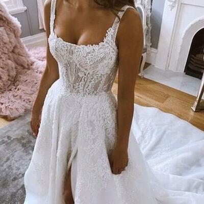 Gorgeous ball gown square neck split wedding dresses with lace appliques