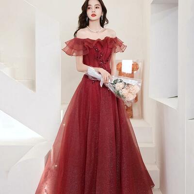 A line burgundy tulle long prom dress evening dress - Thumbnail 4