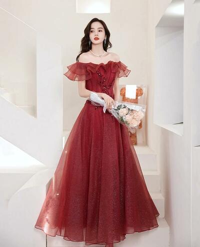 A LINE BURGUNDY TULLE LONG PROM DRESS EVENING DRESS