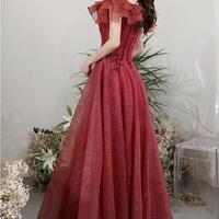 A LINE BURGUNDY TULLE LONG PROM DRESS EVENING DRESS - Thumbnail 1