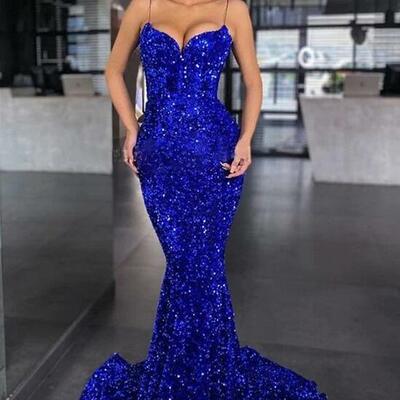 Mermaid royal blue sequins long prom dresses - Thumbnail 3