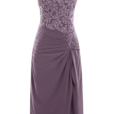 Sexy knee length purple chiffon mother of the bride dress