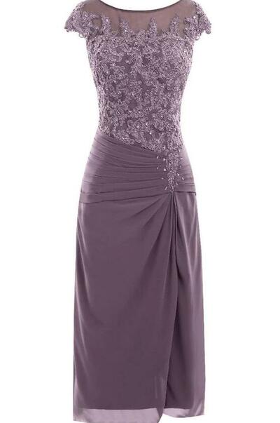 Sexy knee length purple chiffon mother of the bride dress