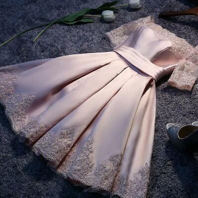 A line pink satin lace short homecoming dress