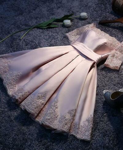 A Line Pink Satin Lace Short Homecoming Dress