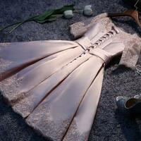 A Line Pink Satin Lace Short Homecoming Dress - Thumbnail 1