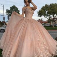 Princess ball gown pink tulle prom dresses - Thumbnail 1