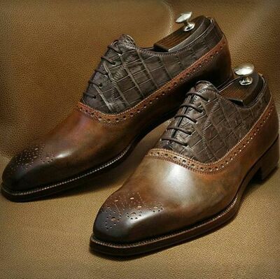 Best Sale TwoTone Alligator Contrast Touch Brogue Shoes Handmade Dress Lace Up Shoes