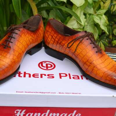 Crafted leather handmade yellow classic crocodile/alligator lace up dress shoes  - Thumbnail 5