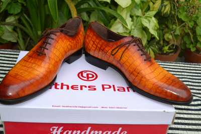 Crafted Leather Handmade Yellow Classic Crocodile/Alligator Lace up Dress Shoes 