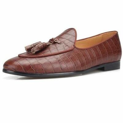 New handmade men brown crocodile pattern loafers moccasins casual shoes - Thumbnail 1