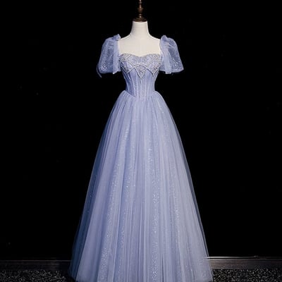 Blue tulle beaded floor length prom dress - Thumbnail 3