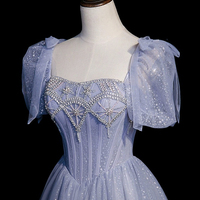 Blue Tulle Beaded Floor Length Prom Dress - Thumbnail 1